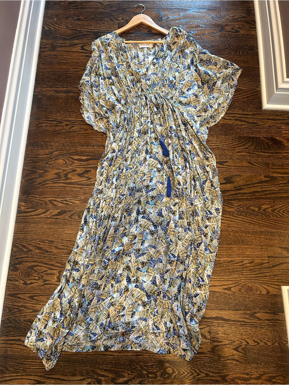 Anthropologie Blue and Cream Printed Maxi Dress